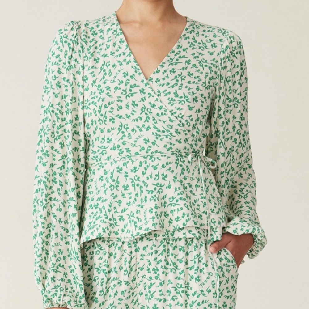 Ganni Green Floral Wrap Top